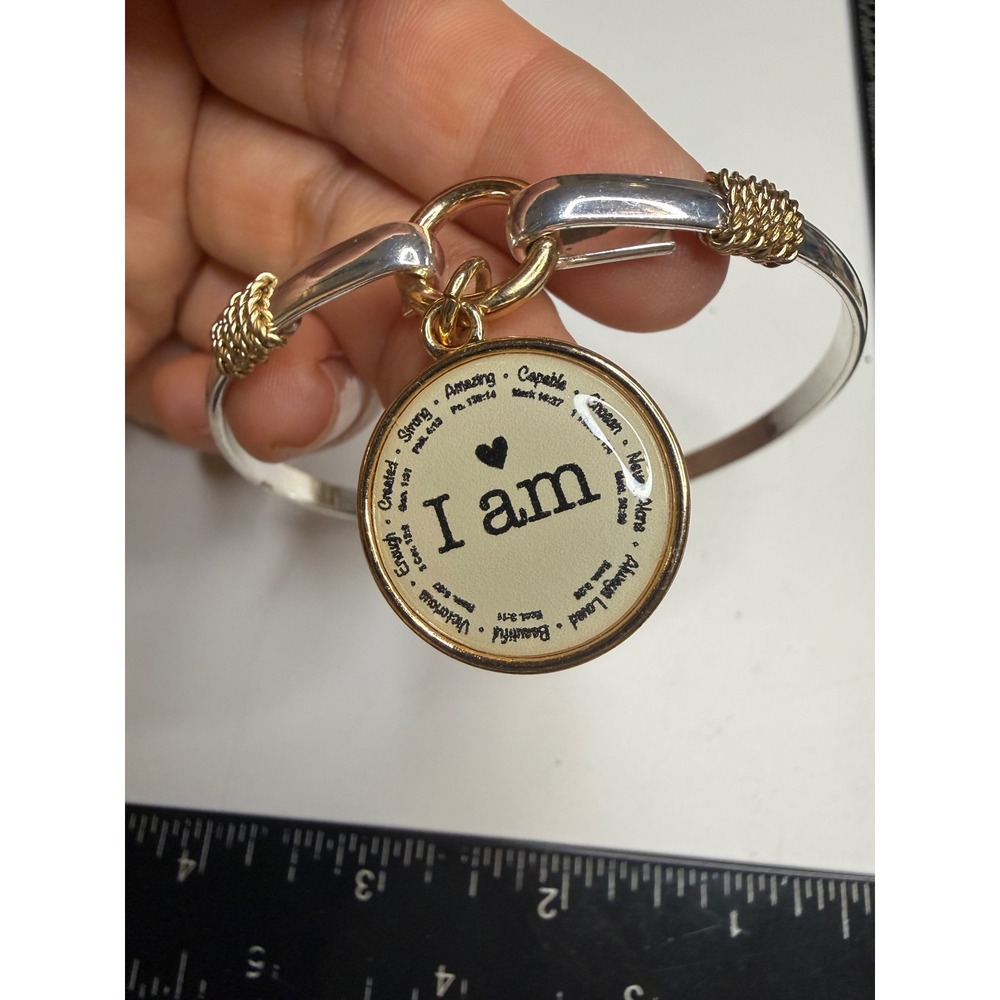 I Am Affirmation Hook Bangle Bracelet Two Tone Silver Gold Inspirational Charm